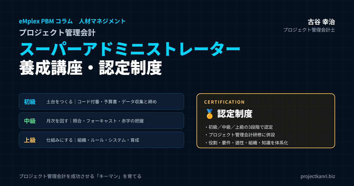 プロジェクト管理会計スーパーアドミニストレーター養成講座。役割・要件・適性・組織と、初級・中級・上級のカリキュラム、認定制度
