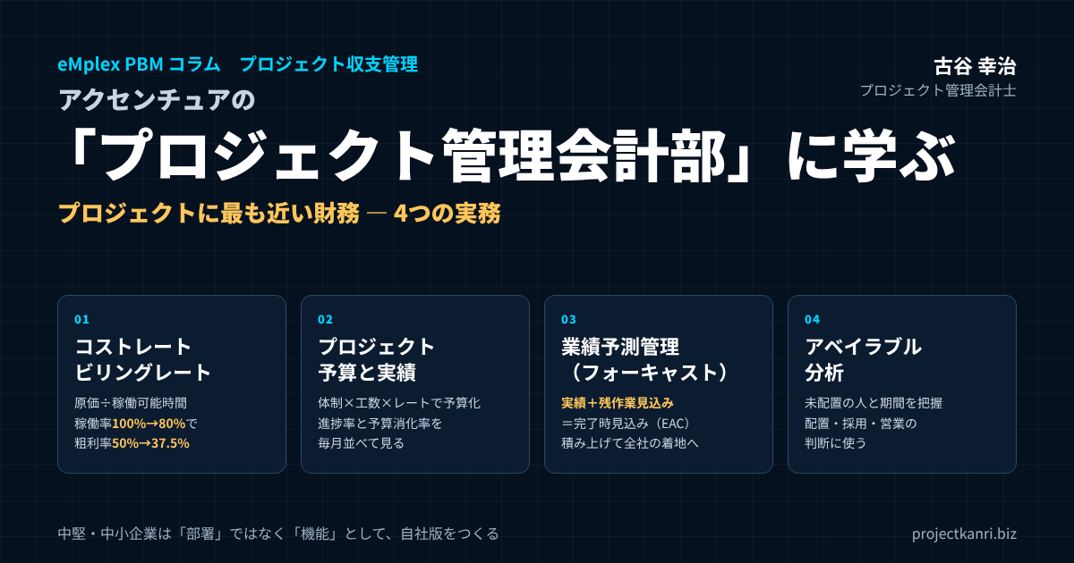 アクセンチュアのプロジェクト管理会計部に学ぶ。コストレートとビリングレート、プロジェクト予算と実績、業績予測、アベイラブル分析の4つの業務